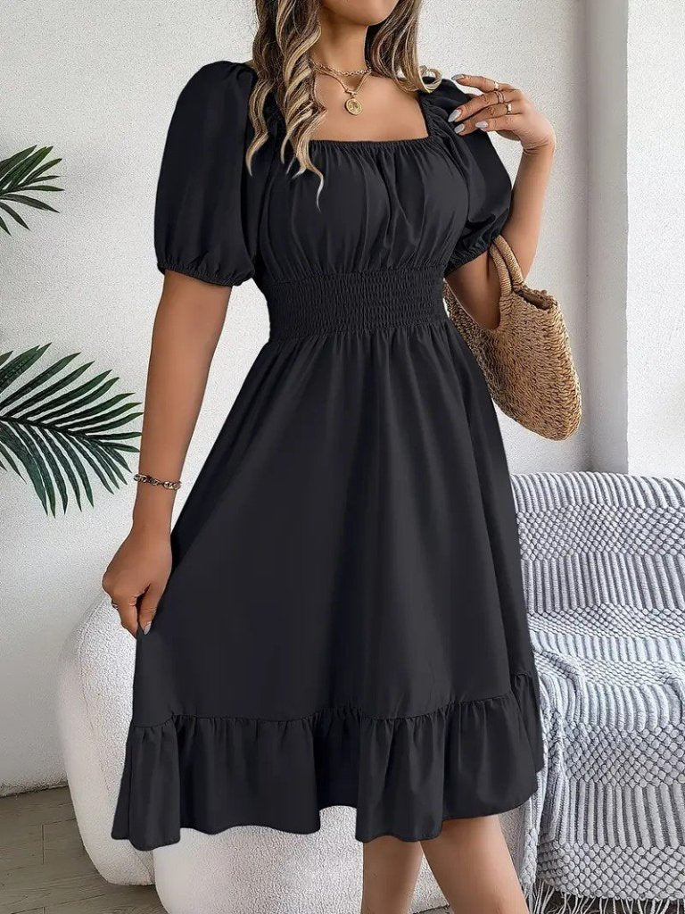 Kadın Kısa Kollu Kare Yakalı Beli Lastikli Kısa Trikoton Elbise