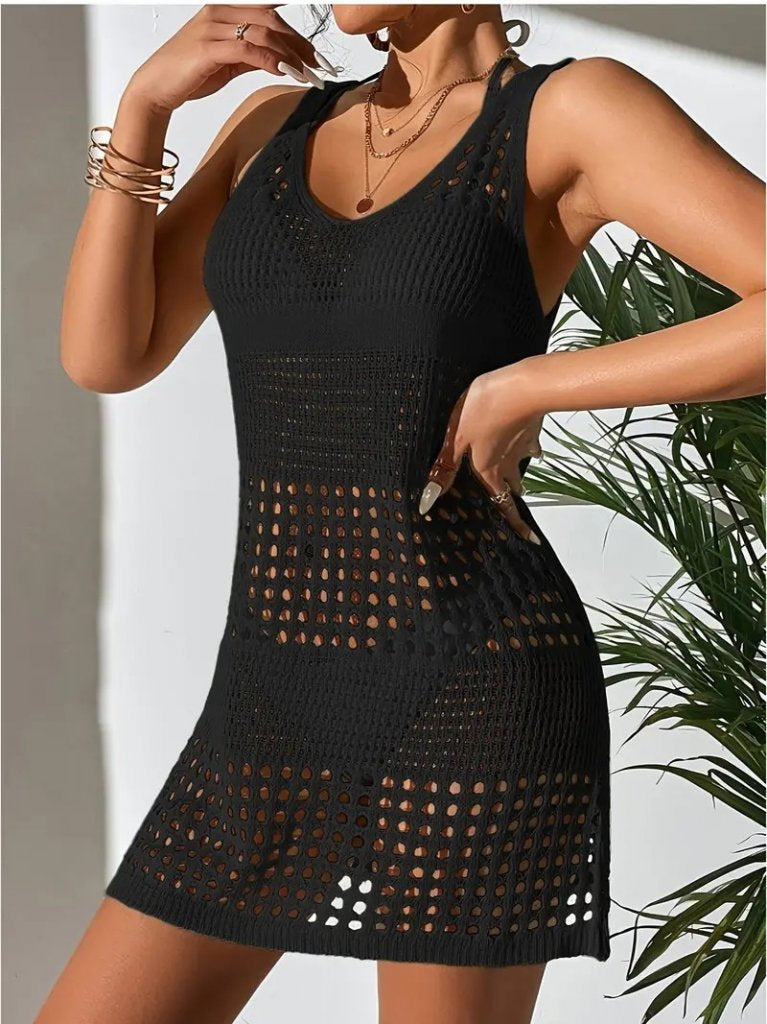 Kadın Kolsuz Delikli örgü Detay Mini Triko Pareo Elbise