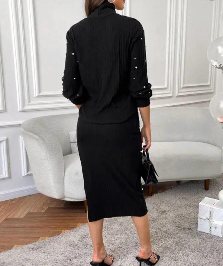 Kadın Eteği Yırtmaçlı Ottoman Kumaş Inci Detaylı Ikili Takım