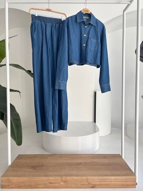 Denim Gömlek Plazzo Pantolon Takım 10163-08