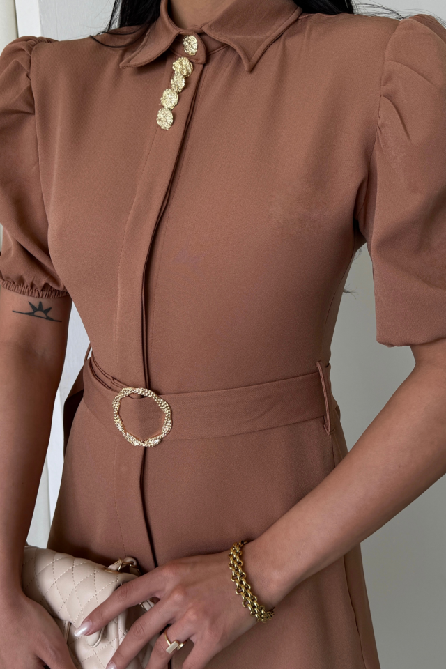 YAKA DÜĞME DETAYLI ELBİSE - Kahverengi