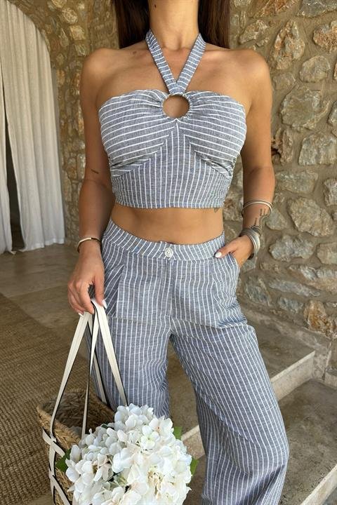 Vesna Keten Çizgili Crop Takım 9806-0025