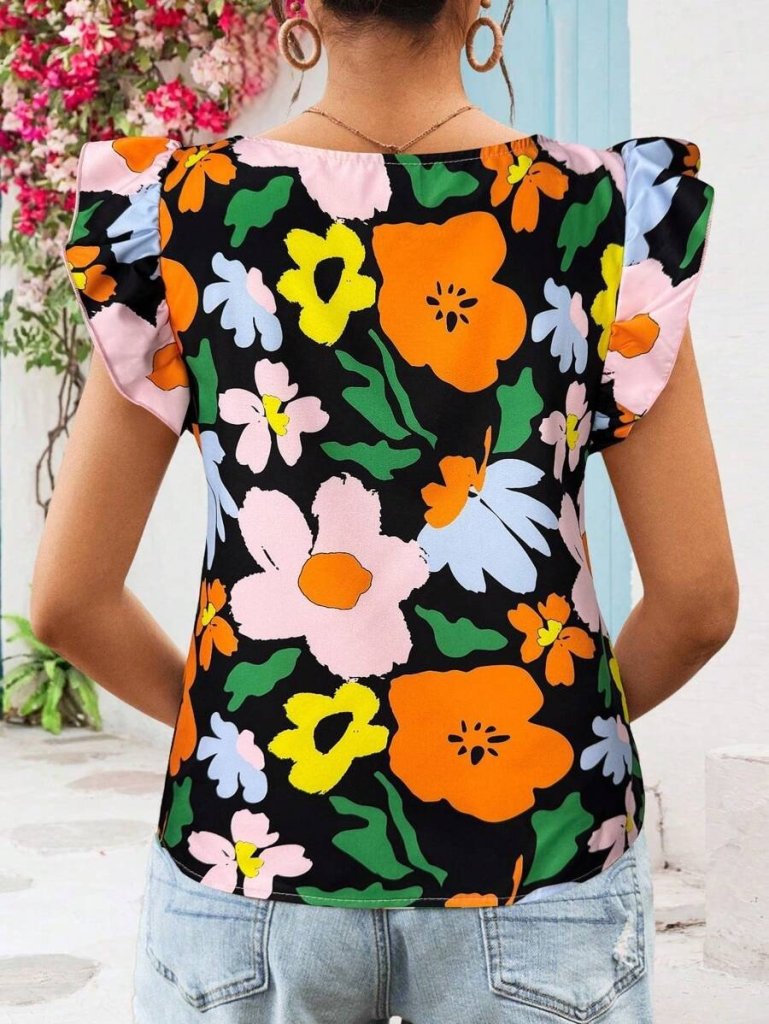 Kadın Kısa Fırfır Kollu Kare Yaka çiçek Desenli Ithal Keten Bluz