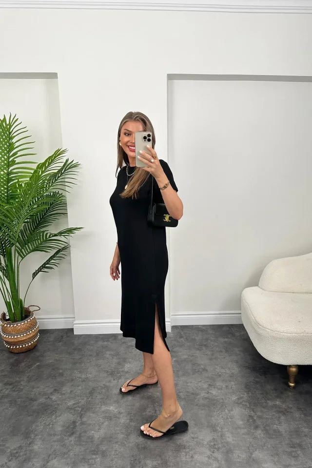 Kadın Viskon Kumaş Kısa Kollu çift Yırtmaç Detaylı Salaş Elbise