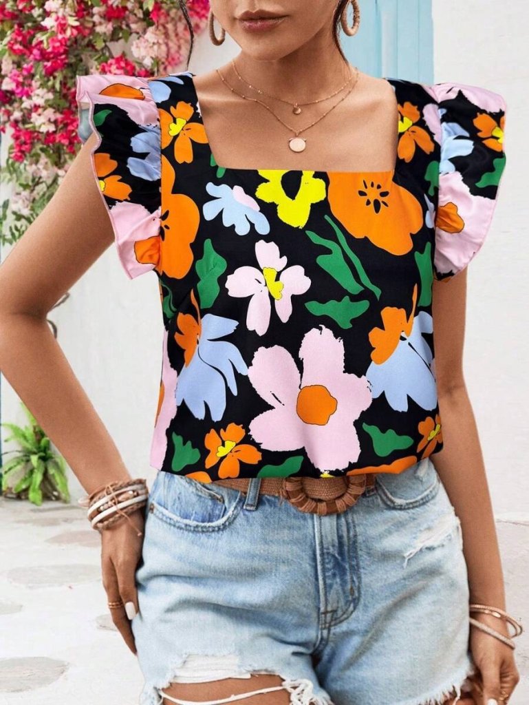 Kadın Kısa Fırfır Kollu Kare Yaka çiçek Desenli Ithal Keten Bluz