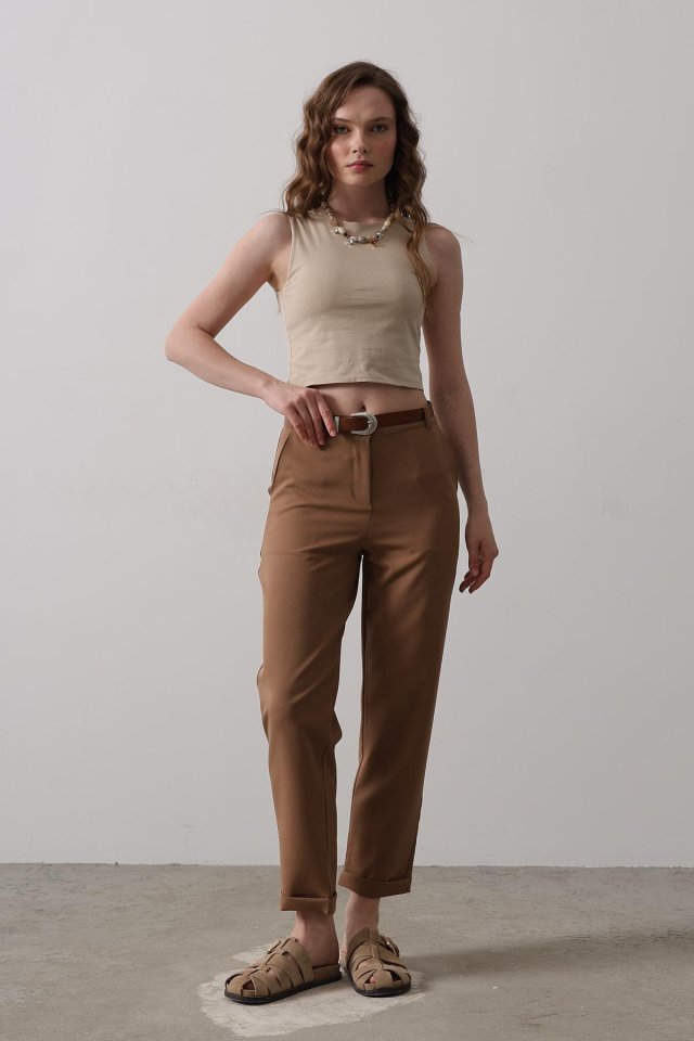 Kemerli Havuç Pantolon - Taba