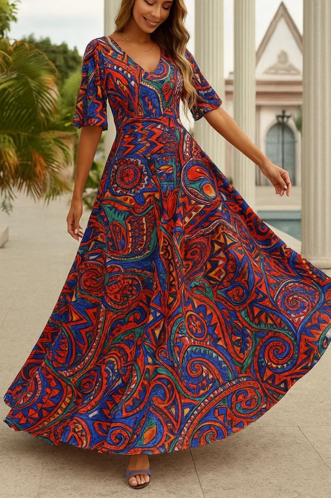 Kadın Kısa Kollu V Yakalı Desenli Süprem Elbise