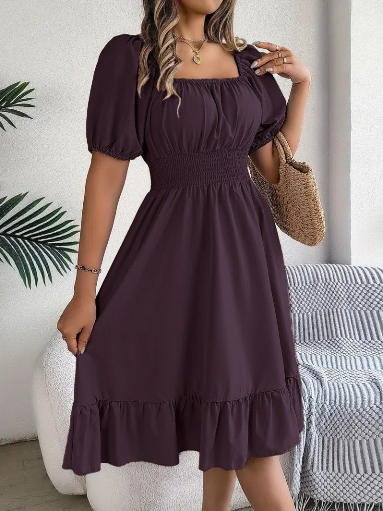 Kadın Kısa Kollu Kare Yakalı Beli Lastikli Kısa Trikoton Elbise