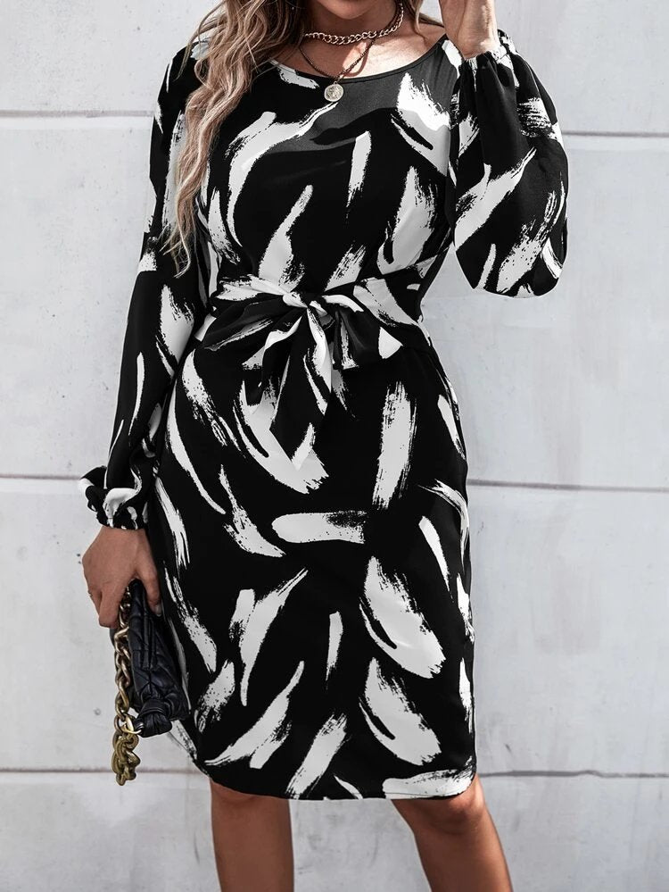 Kadın Uzun Kollu Bel Bağlama Detay Krep Elbise