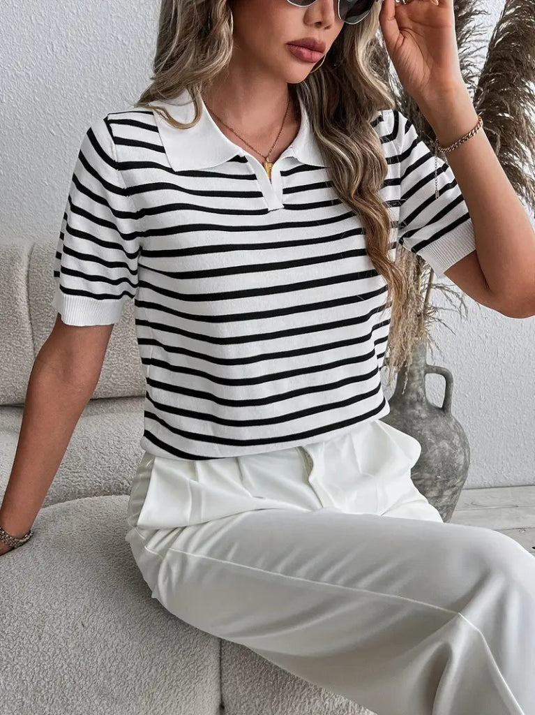 Kadın Kısa Kol Polo Yaka çizgi Desen Triko Bluz