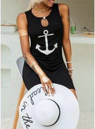 Kadın Kolsuz Halka Detay çıpa Baskılı Viskon Elbise