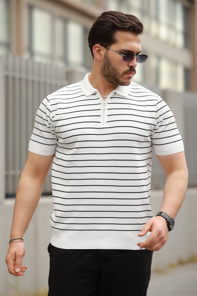 Erkek Fermuar Yakalı çizgili Kısa Kollu T-shirt