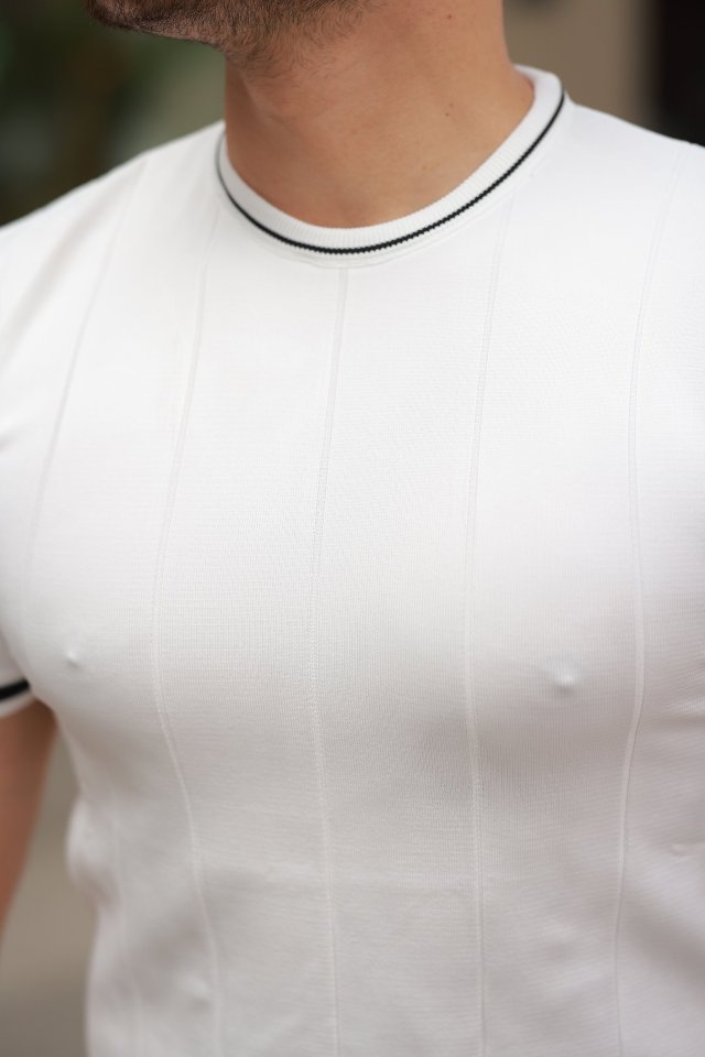 Erkek Bisiklet Yaka çizgi Desenli Ribanalı Kısa Kollu Tshirt