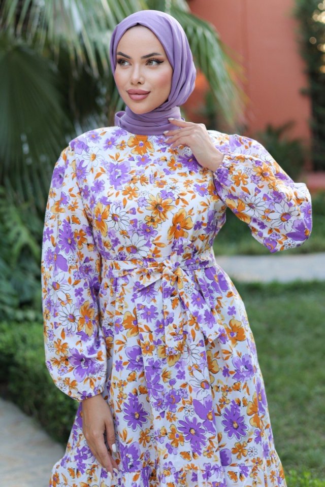 Kadın Uzun Çiçek Yaprak Desenli Belden Bağlamalı Elbise