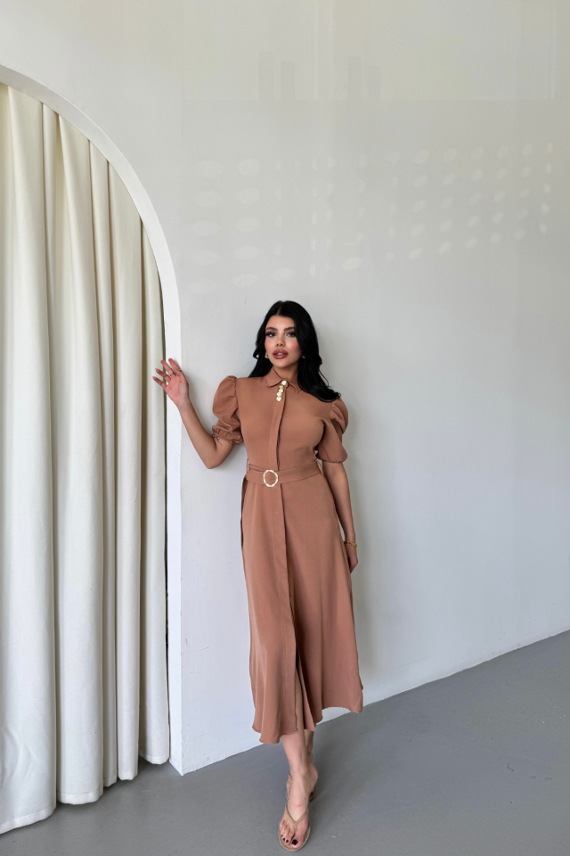 YAKA DÜĞME DETAYLI ELBİSE - Kahverengi