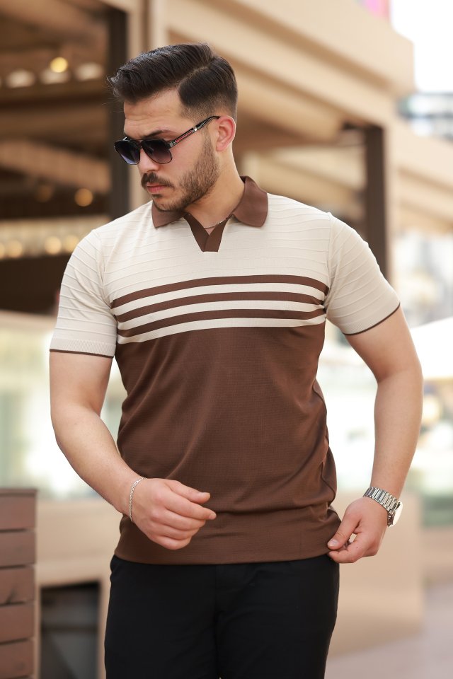 Erkek çizgi Desenli Yakalı Kısa Kollu T-shirt