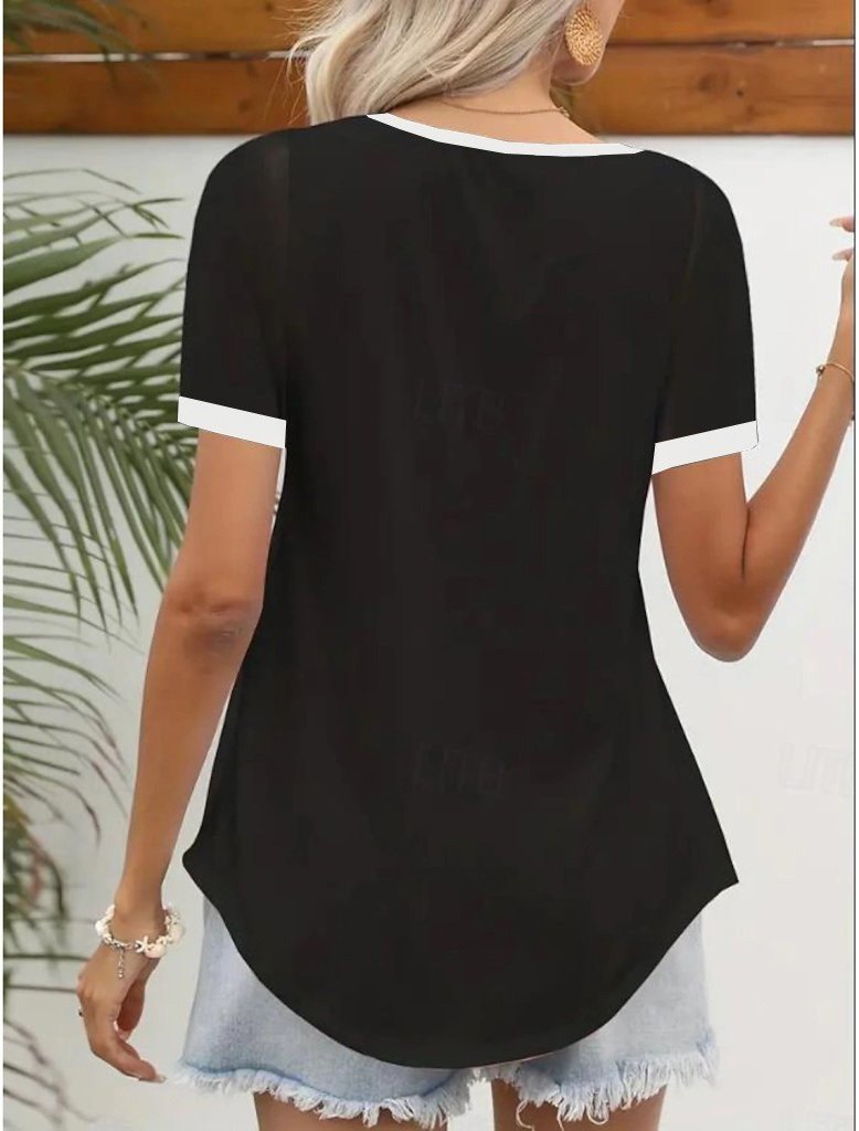 Kadın Kısa Kollu V Yakalı çift Renkli Viskon Bluz