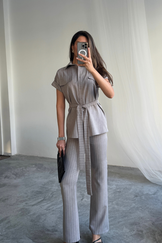 ÇİZGİLİ POLYVİSKON BLUZ - PANTOLON TAKIM - Gri