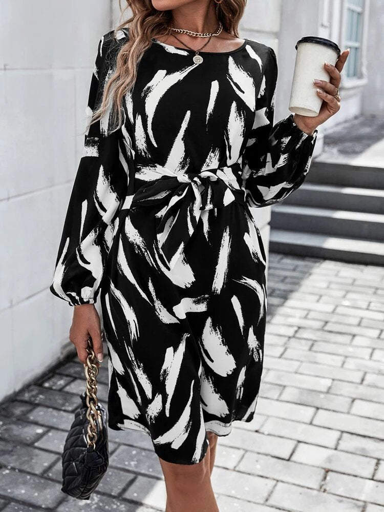 Kadın Uzun Kollu Bel Bağlama Detay Krep Elbise