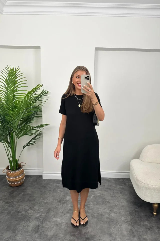 Kadın Viskon Kumaş Kısa Kollu çift Yırtmaç Detaylı Salaş Elbise