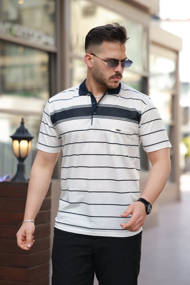 Erkek Yakalı çizgili Kısa Kollu T-shirt