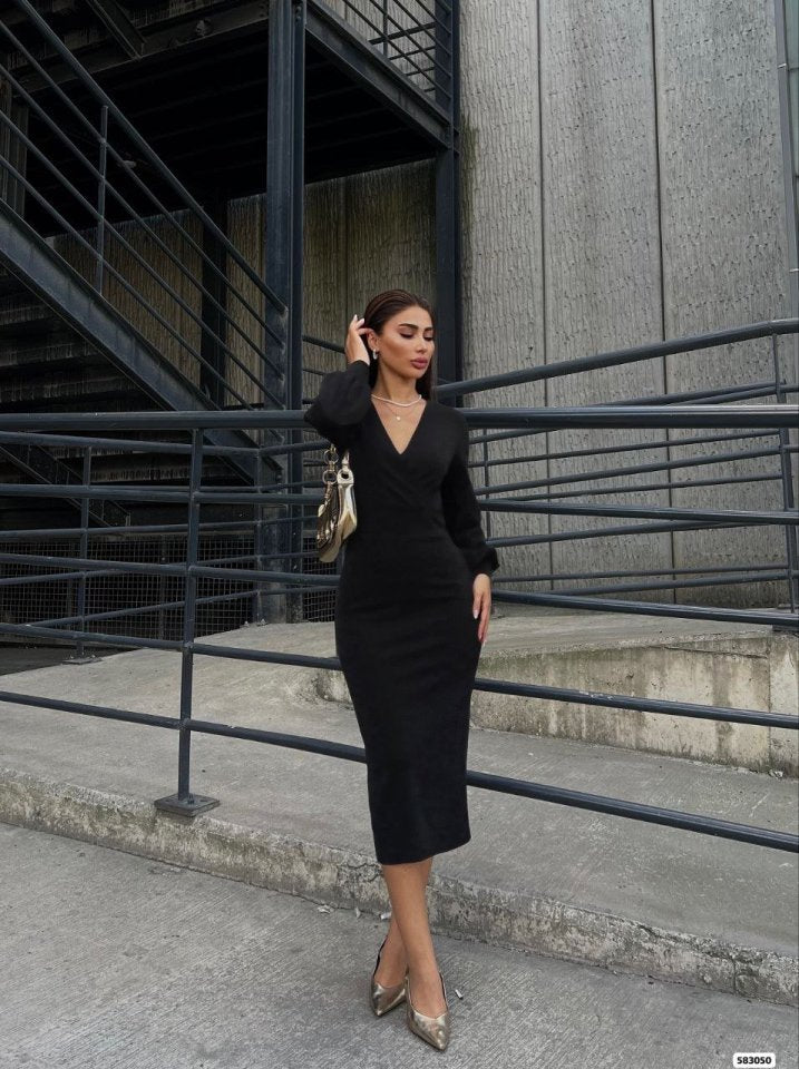 Kadın Uzun Kollu Kruvaze Yaka Büzgü Ve Balon Kol Detay Krep Kumaş Maxi Boy Elbise