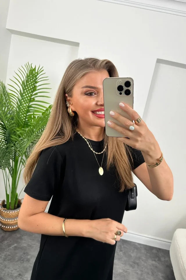 Kadın Viskon Kumaş Kısa Kollu çift Yırtmaç Detaylı Salaş Elbise