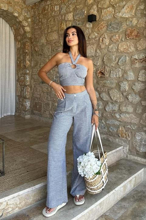 Vesna Keten Çizgili Crop Takım 9806-0025