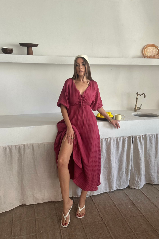 V YAKA DÖKÜMLÜ ELBİSE - Pembe