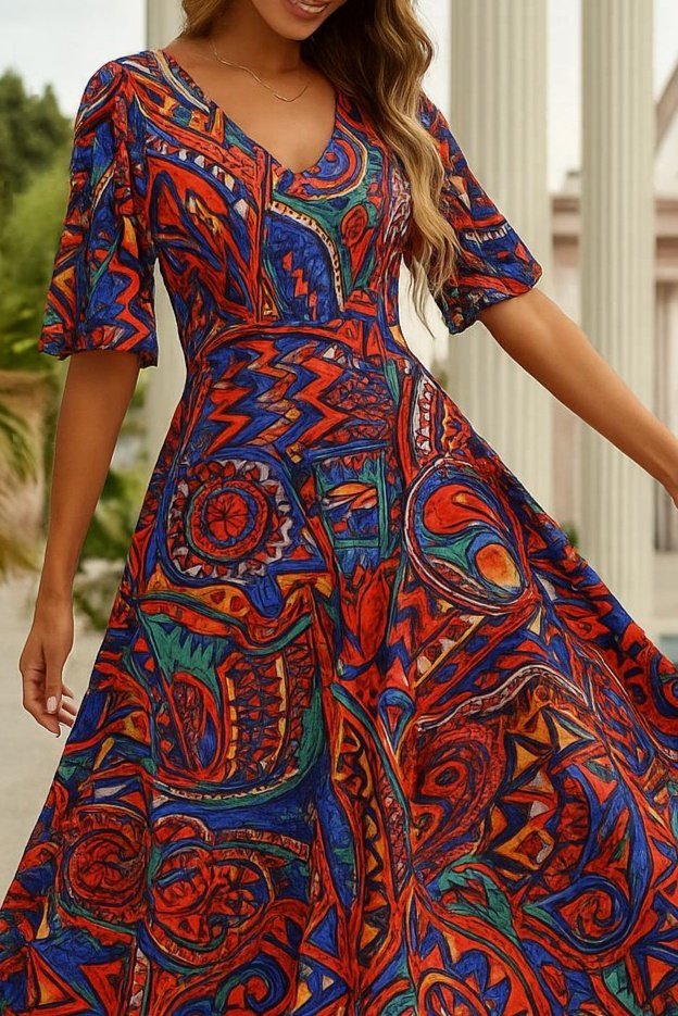 Kadın Kısa Kollu V Yakalı Desenli Süprem Elbise