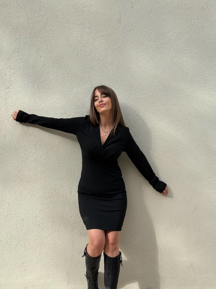 Kadın Uzun Kollu Kruvaze Yaka Krep Mini Boy Elbise