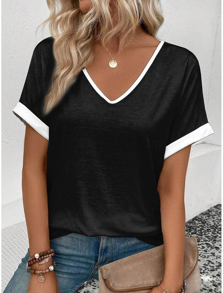 Kadın Kısa Kollu V Yakalı çift Renkli Viskon Bluz