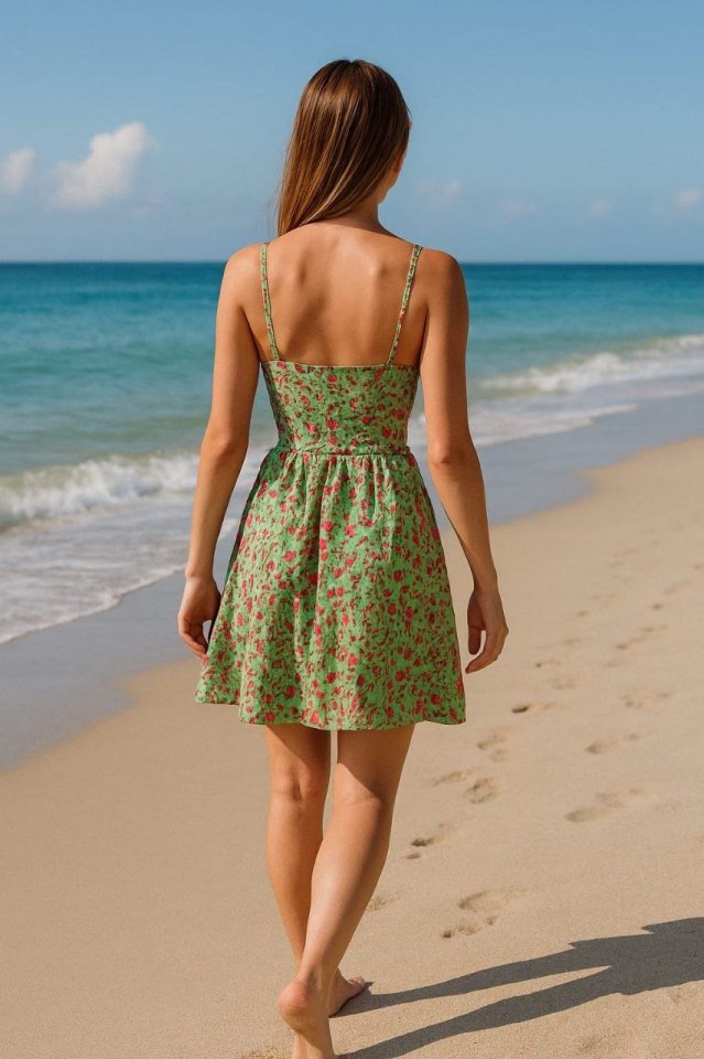 Kadın Dalgıç Krep Kumaş Karın Bölgesinde Dekolte Detaylı Mini Boy Desenli Elbise