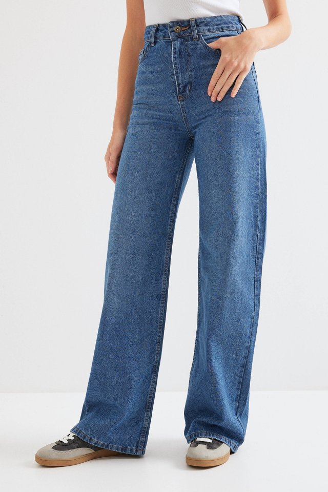 Bol Paça Yüksek Bel Palazzo Kot Pantolon 6656 - Lacivert