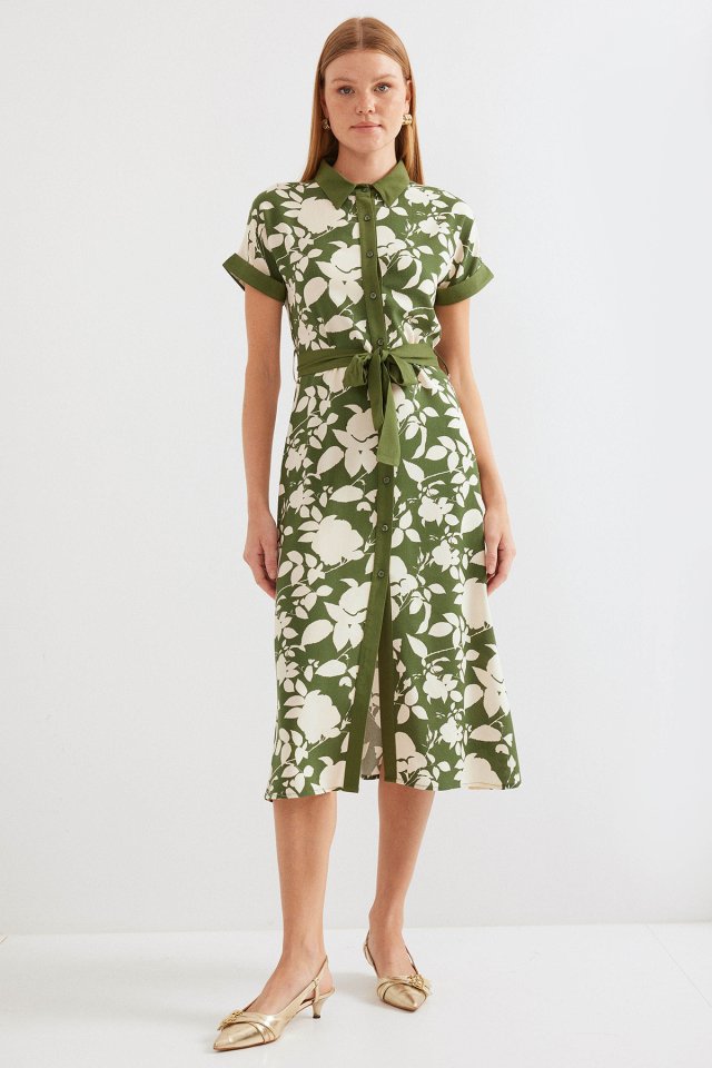 2455 Desenli Gömlek Elbise - Haki