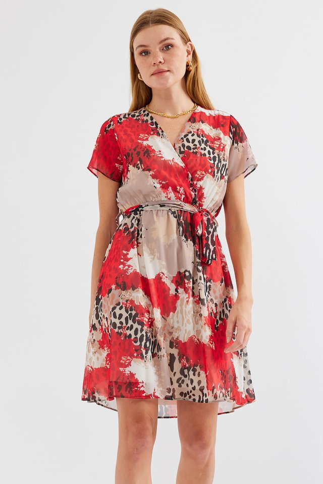 2502 Kısa Kol Desenli Şifon Elbise - Kırmızı