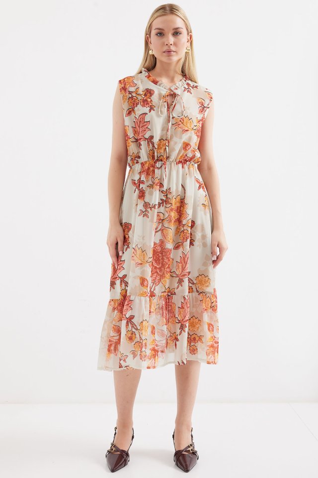 2503 Desenli Sıfır Kol Şifon Elbise - Kiremit