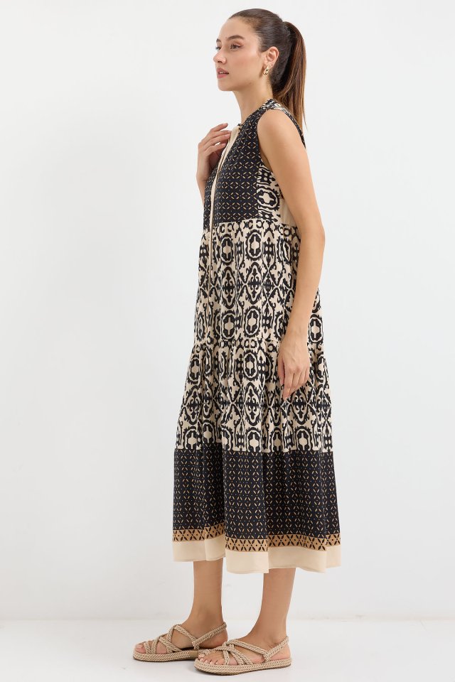 2516 Desenli Sıfır Kol Viskon Elbise - Siyah