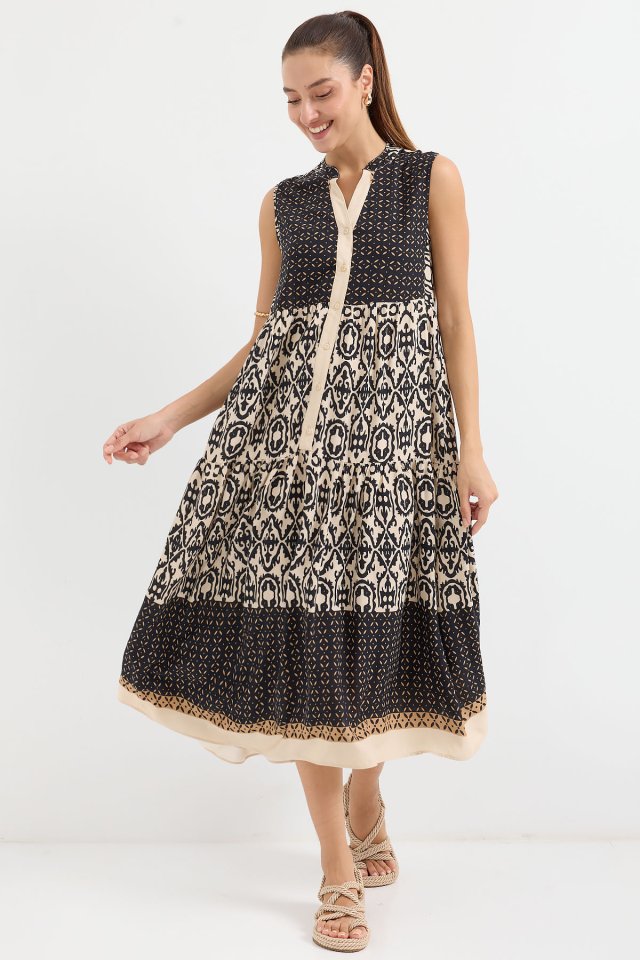 2516 Desenli Sıfır Kol Viskon Elbise - Siyah