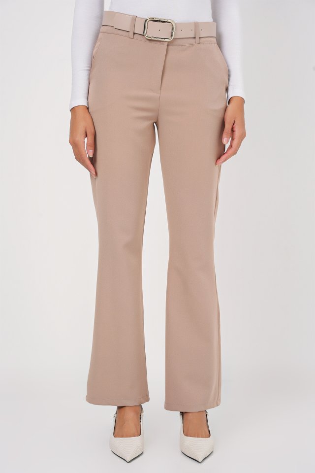 6538 Kemerli İspanyol Paça Pantolon - Bej