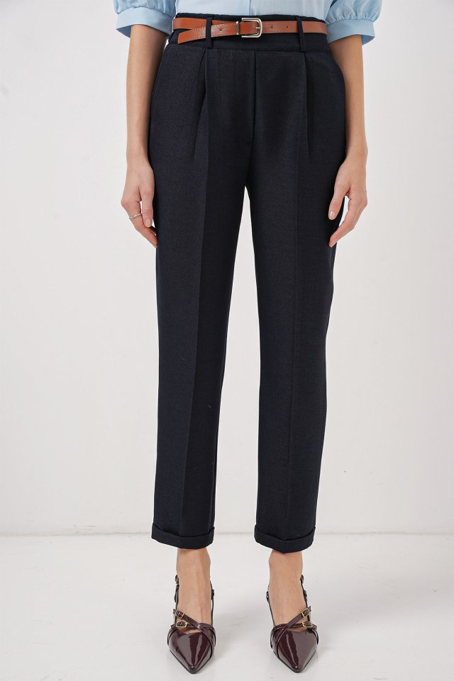 6686 Pileli Kemerli Kumaş Pantolon - Lacivert