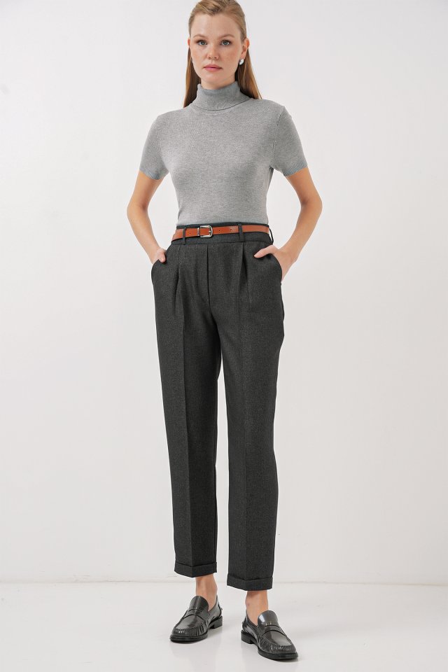 6686 Pileli Kemerli Kumaş Pantolon - Füme