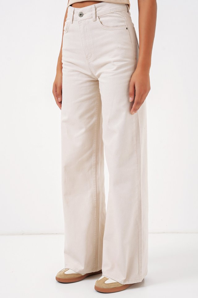 6704 Geniş Paça Yüksek Bel Kot Pantolon - Ekru