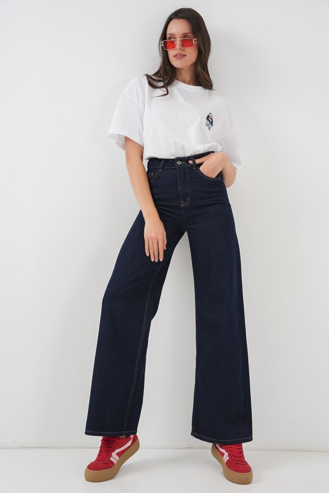 Bol Paça Yüksek Bel Palazzo Kot Pantolon 6656 - K. Lacivert