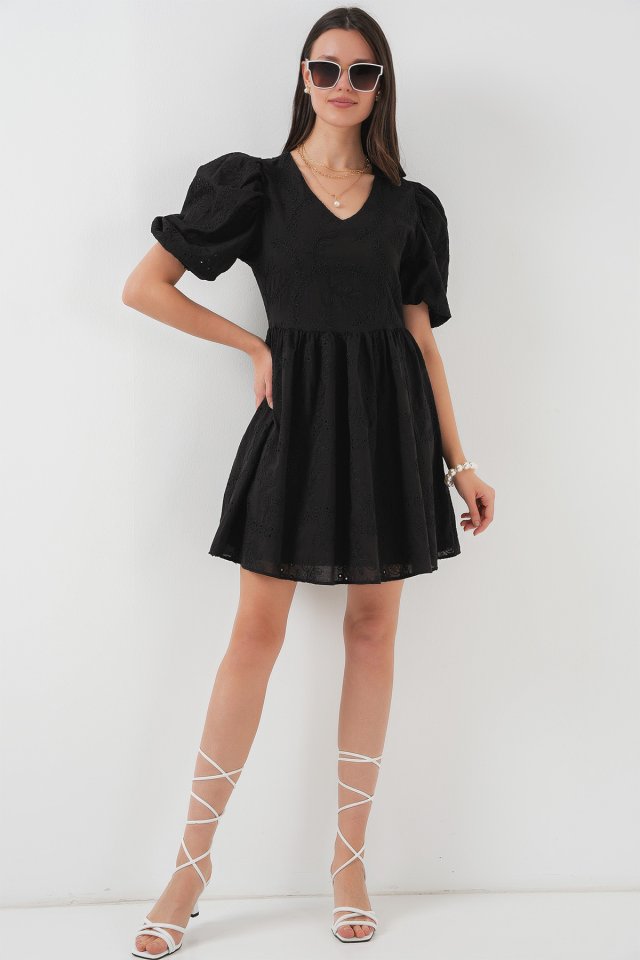 2529 Fistolu Kısa Elbise - Siyah