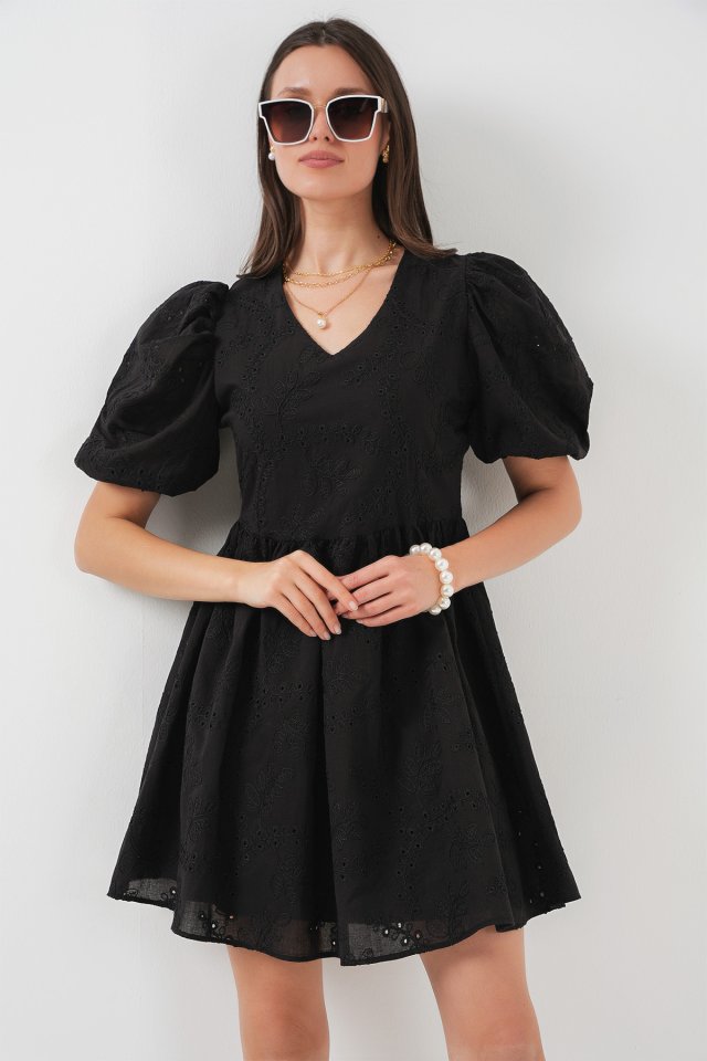 2529 Fistolu Kısa Elbise - Siyah