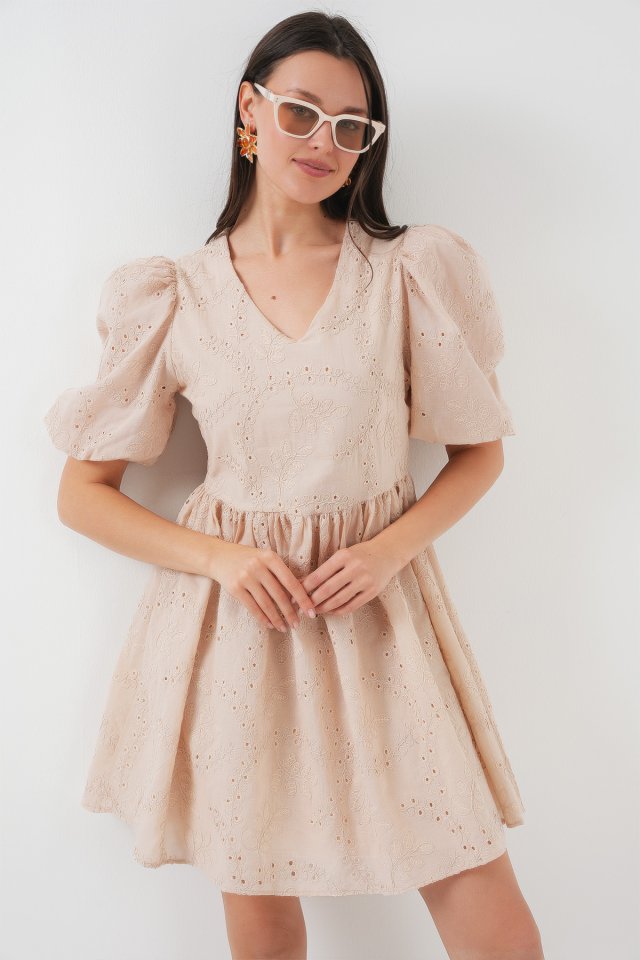 2529 Fistolu Kısa Elbise - Bej