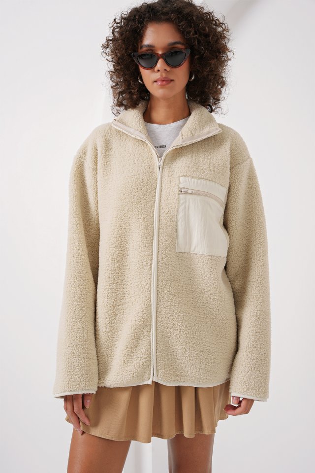 55446 Fermuarlı Oversize Peluş Ceket Mont - Krem