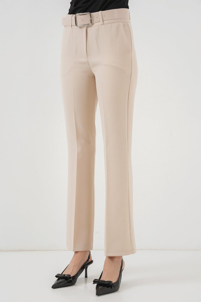 6538 Kemerli İspanyol Paça Pantolon - Krem