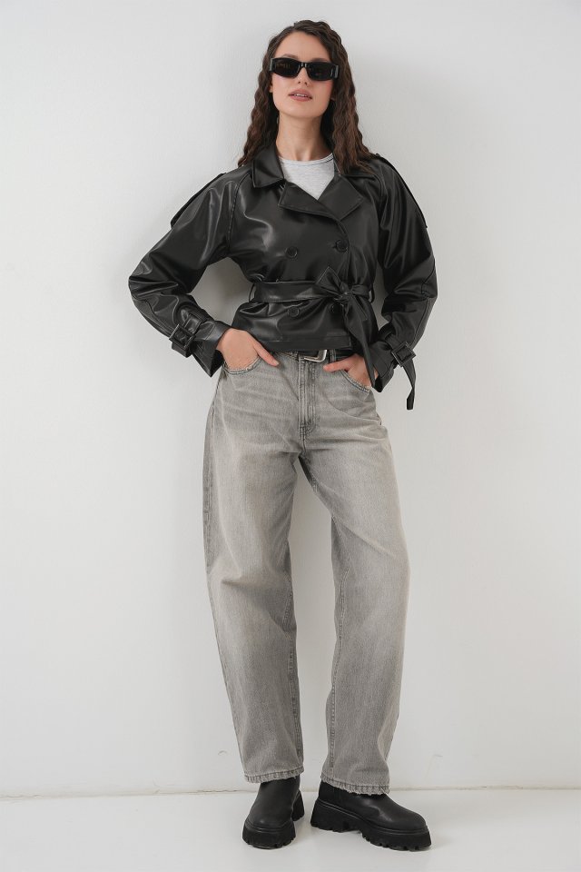 Kemerli Suni Deri Ceket 1046 - Siyah